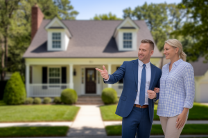 agent-immobilier-acheteur-maison-charmante-pelouse