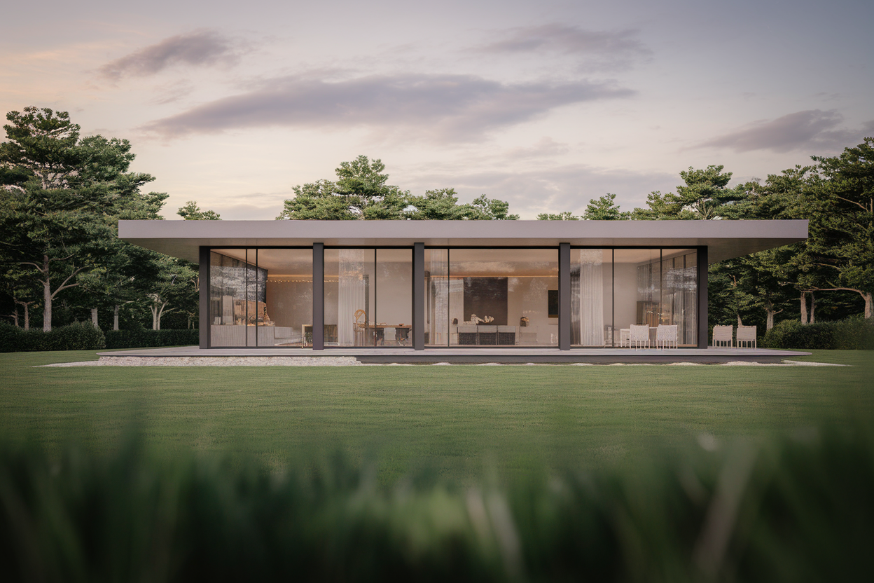 maison-moderne-toit-plat-facade-vitree-verdure