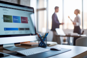 bureau-organise-ecran-flou-personnes