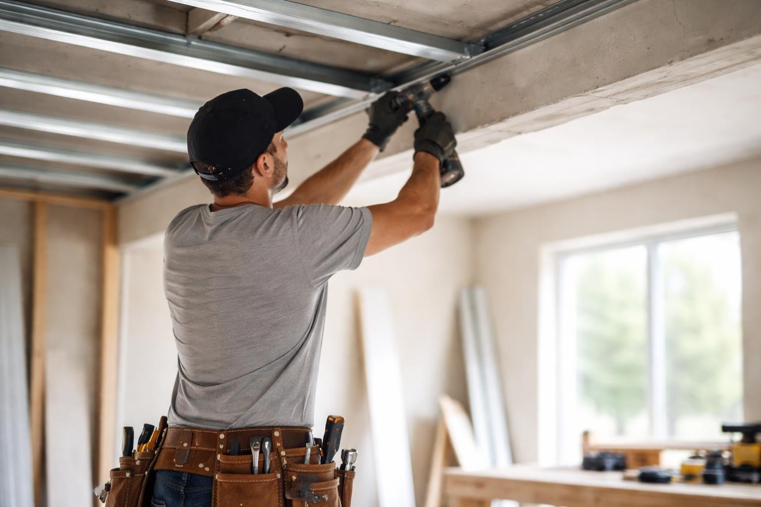 artisan-ceinture-outils-rail-plafond-construction